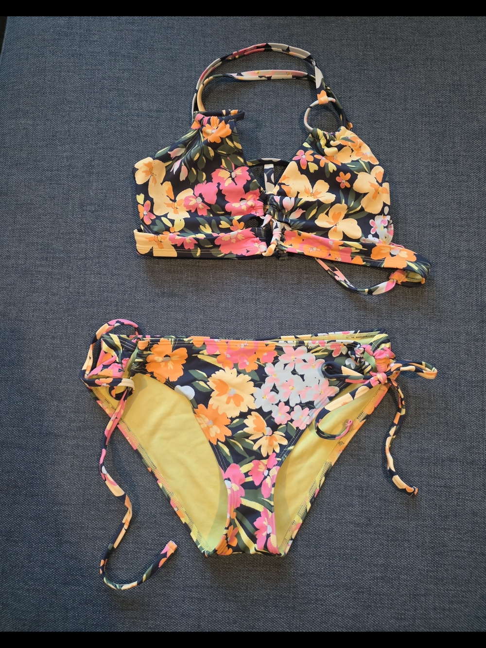 Floral Two-Piece Bikini Set in Black and Yellow
